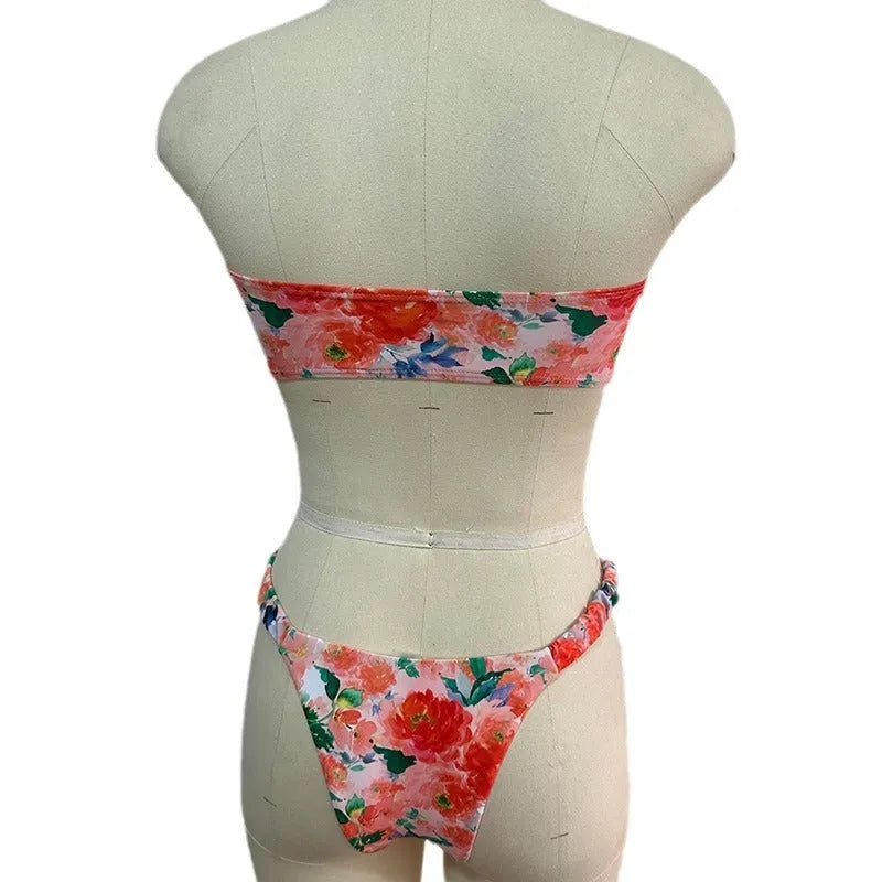 Women's floral printed bikini set with lace-up tube top and coordinating shorts for swimming