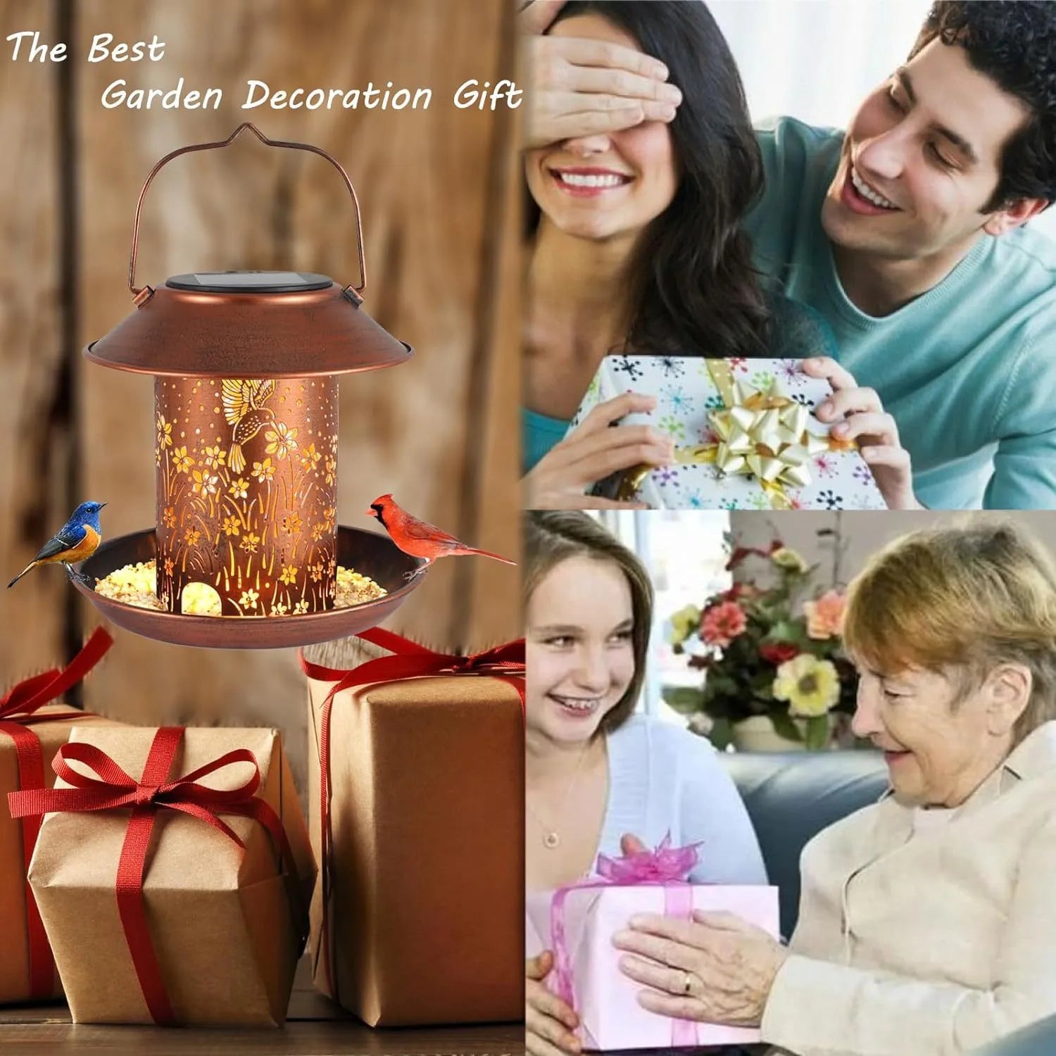Solar-powered hummingbird-shaped bird feeder with integrated LED lighting for outdoor garden use