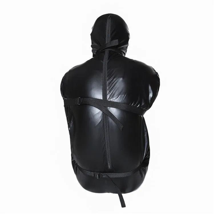 Black patent leather all-inclusive nostril clothing set with six ratchet tie down straps for BDSM restraint