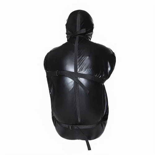 Black patent leather all-inclusive nostril clothing set with six ratchet tie down straps for BDSM restraint