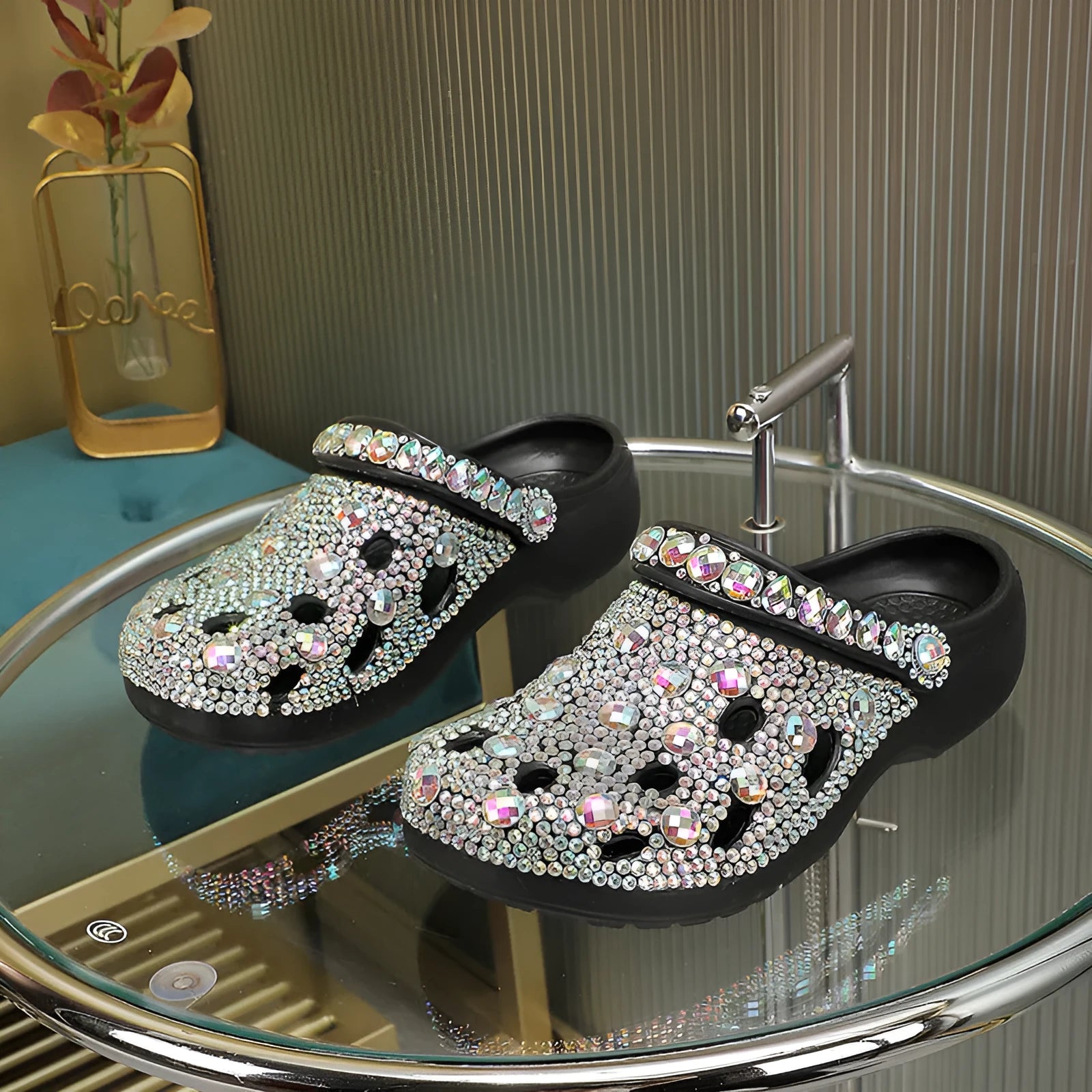 Black women's platform sandals with rhinestone hole design on the EVA upper.