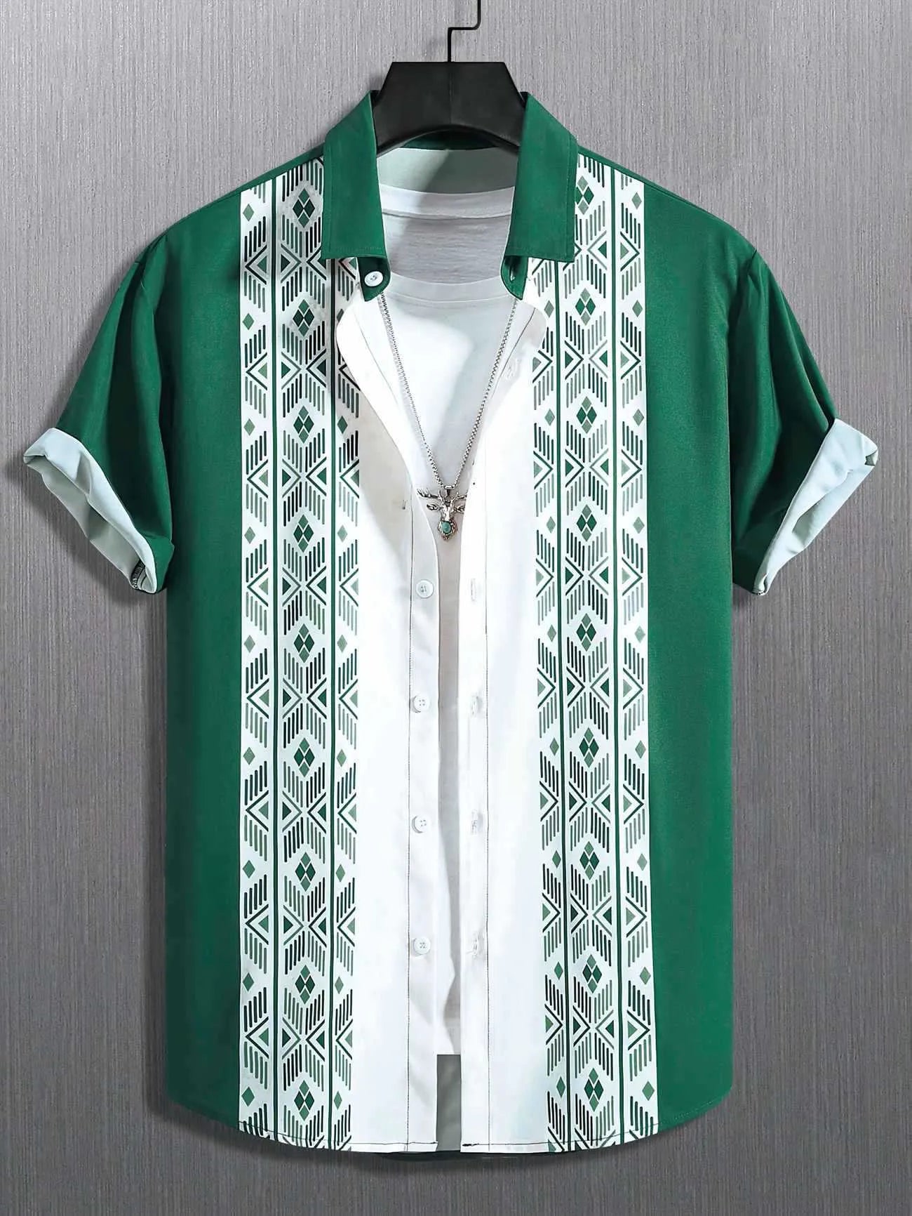 Men's loose plaid short-sleeve shirt with lapel collar on a hanger