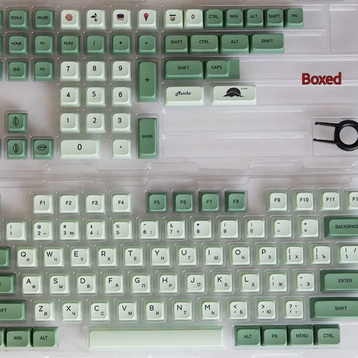 124 PBT keycaps in Matcha green colour arranged by language layout for mechanical keyboards