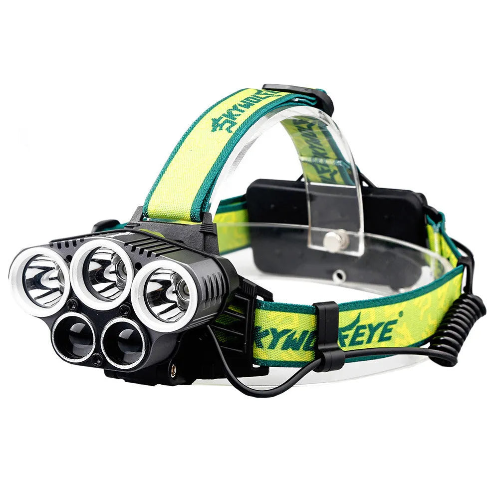 Yellow and black USB rechargeable head torch with 5 LED array and adjustable head strap.