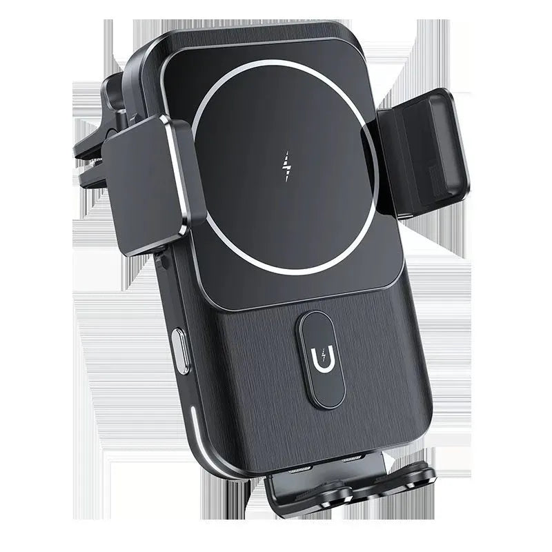 Black car wireless phone charger holder showing both clip and suction cup mounting options