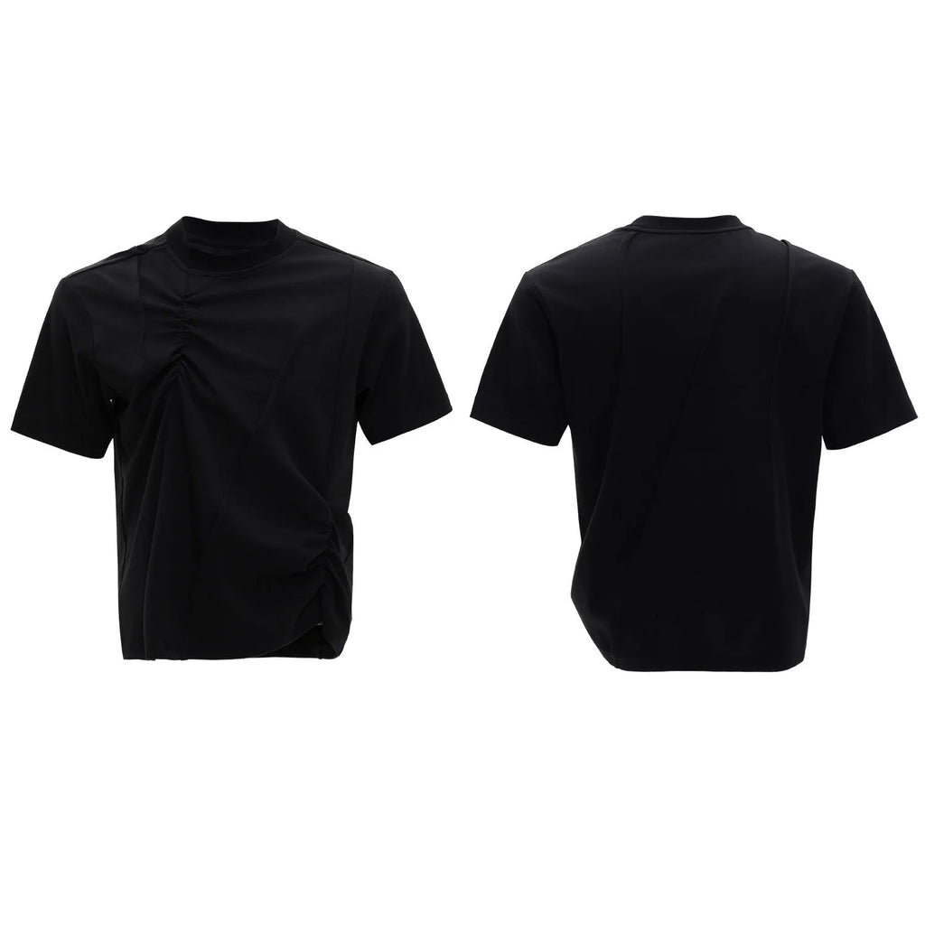 Men's loose fit grey cotton T-shirt with three-dimensional pleating detail on the front.