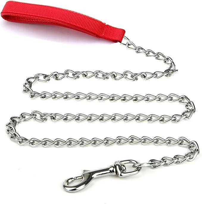 Heavy duty chrome metal dog leash chain with a black soft padded handle.