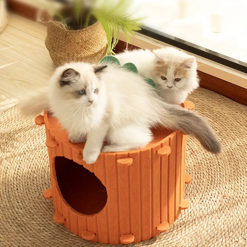 Beige felt cat tunnel nest with a semi-enclosed design and round entry hole, shown next to a measuring tape indicating its size.