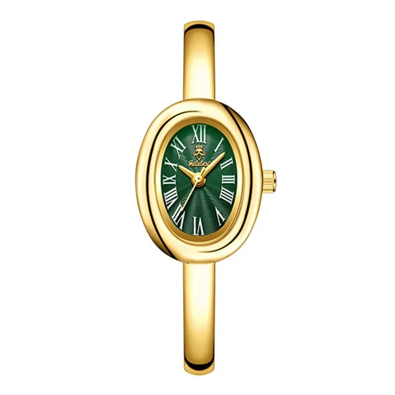 Women's oval retro quartz watch with 8mm thickness showing gold and silver colour options with spiral patterns