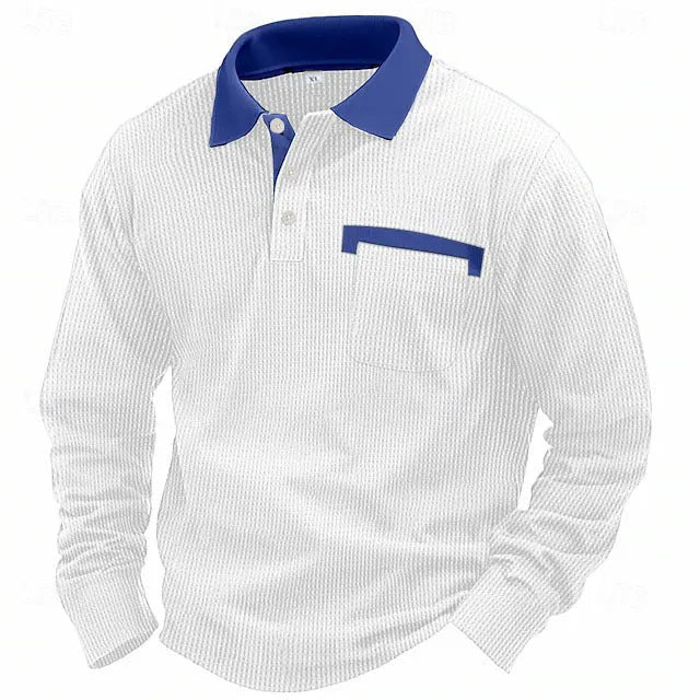Man modelling a long-sleeved waffle-texture polo shirt in a loose, retro style.