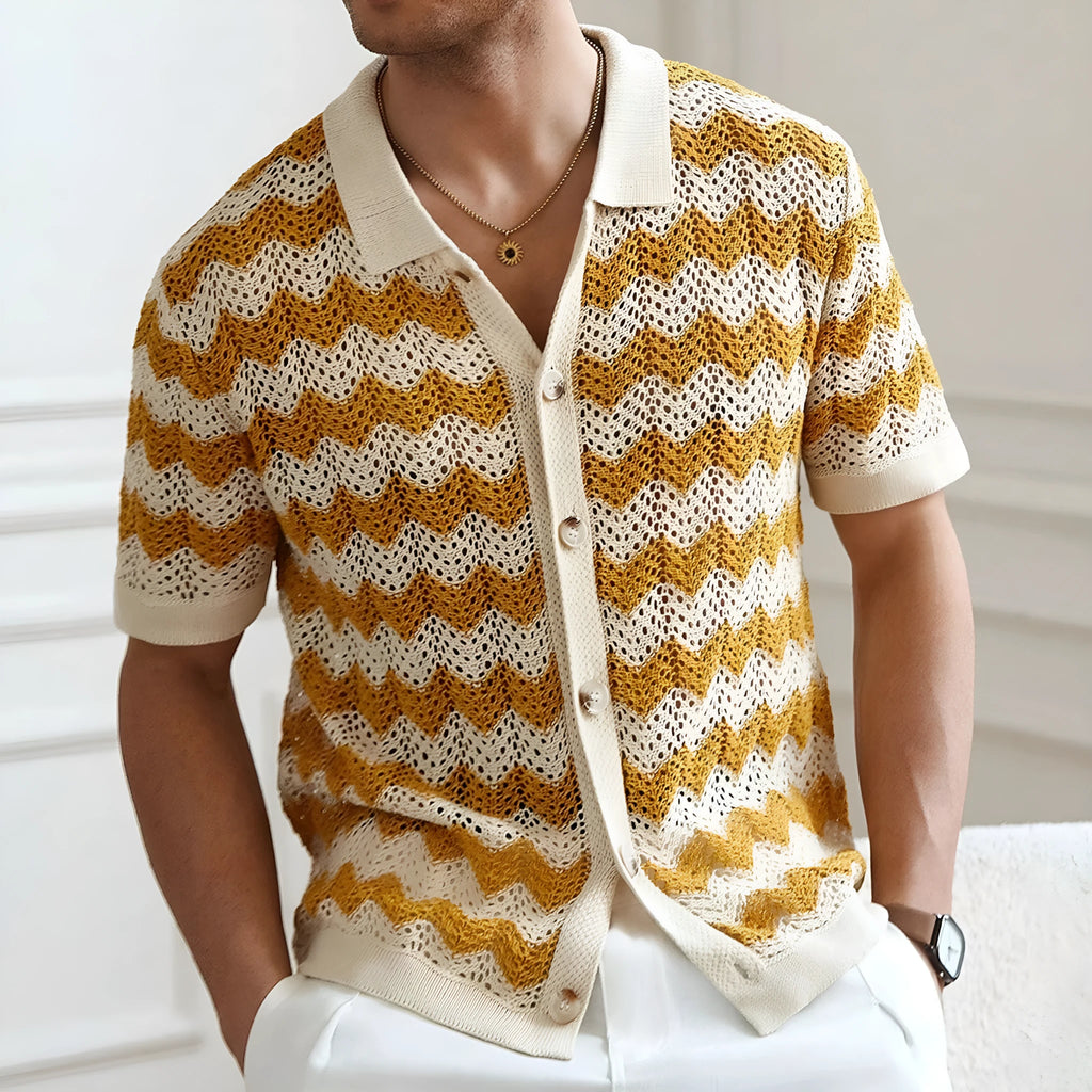 Short sleeve summer sweater with hollow jacquard corrugated texture and flocked detailing in Tencel fabric