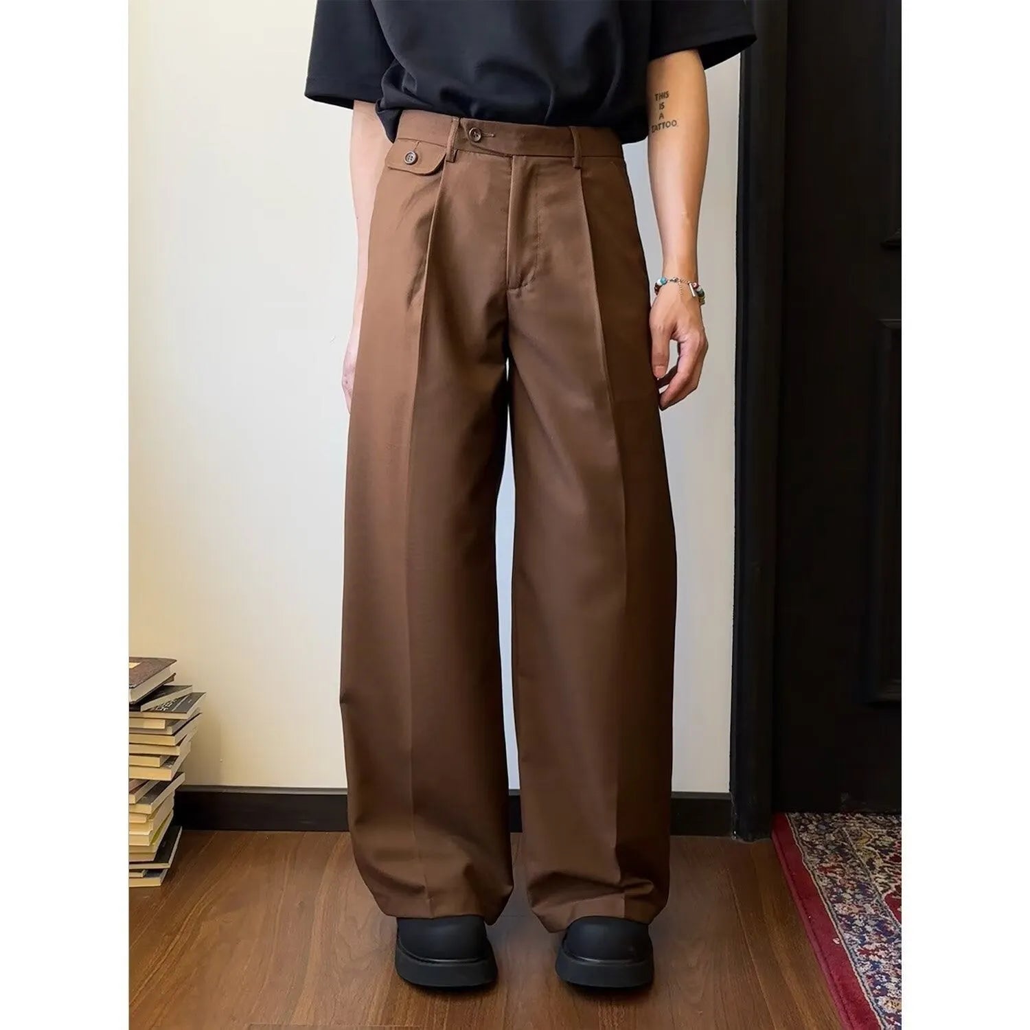 Men's straight-leg loose wide-leg trousers in chemical fibre blend fabric available in brown or black