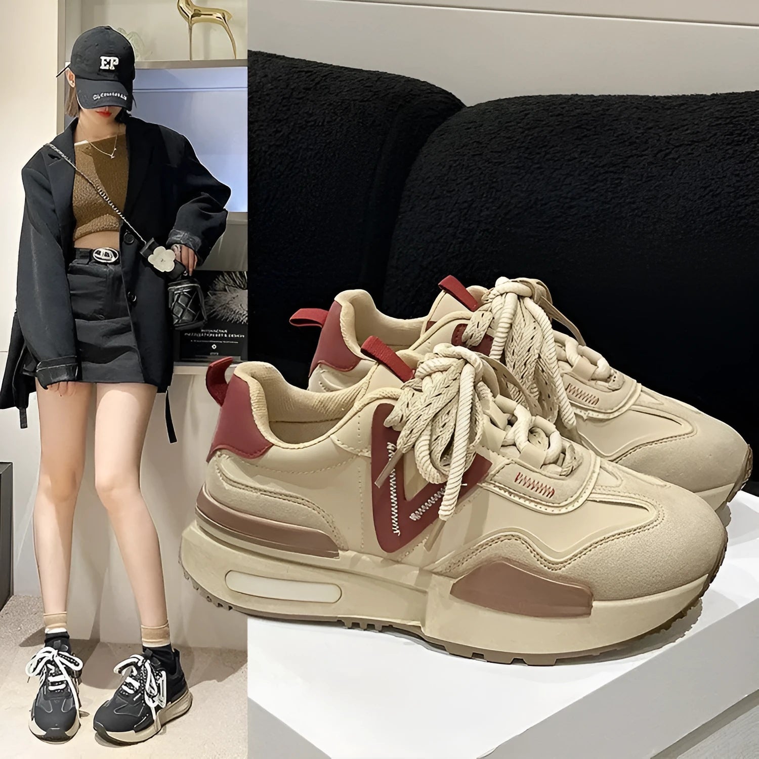Women's retro platform sports shoes in black with mesh lining and rubber sole, shown from the side.