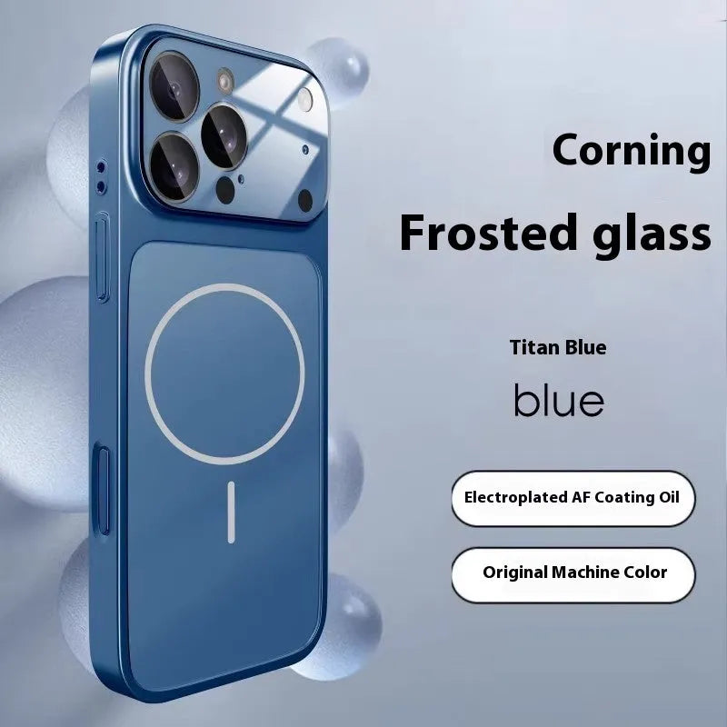 Matte black magnetic shockproof iPhone case with integrated tempered glass screen protector.