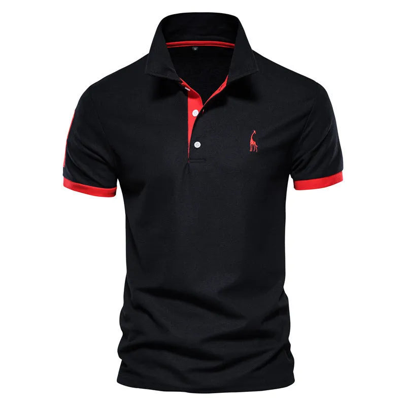 Men's short sleeve t-shirt with deer embroidery in various colours including white, red, and navy, displayed in sizes XS to 5XL.