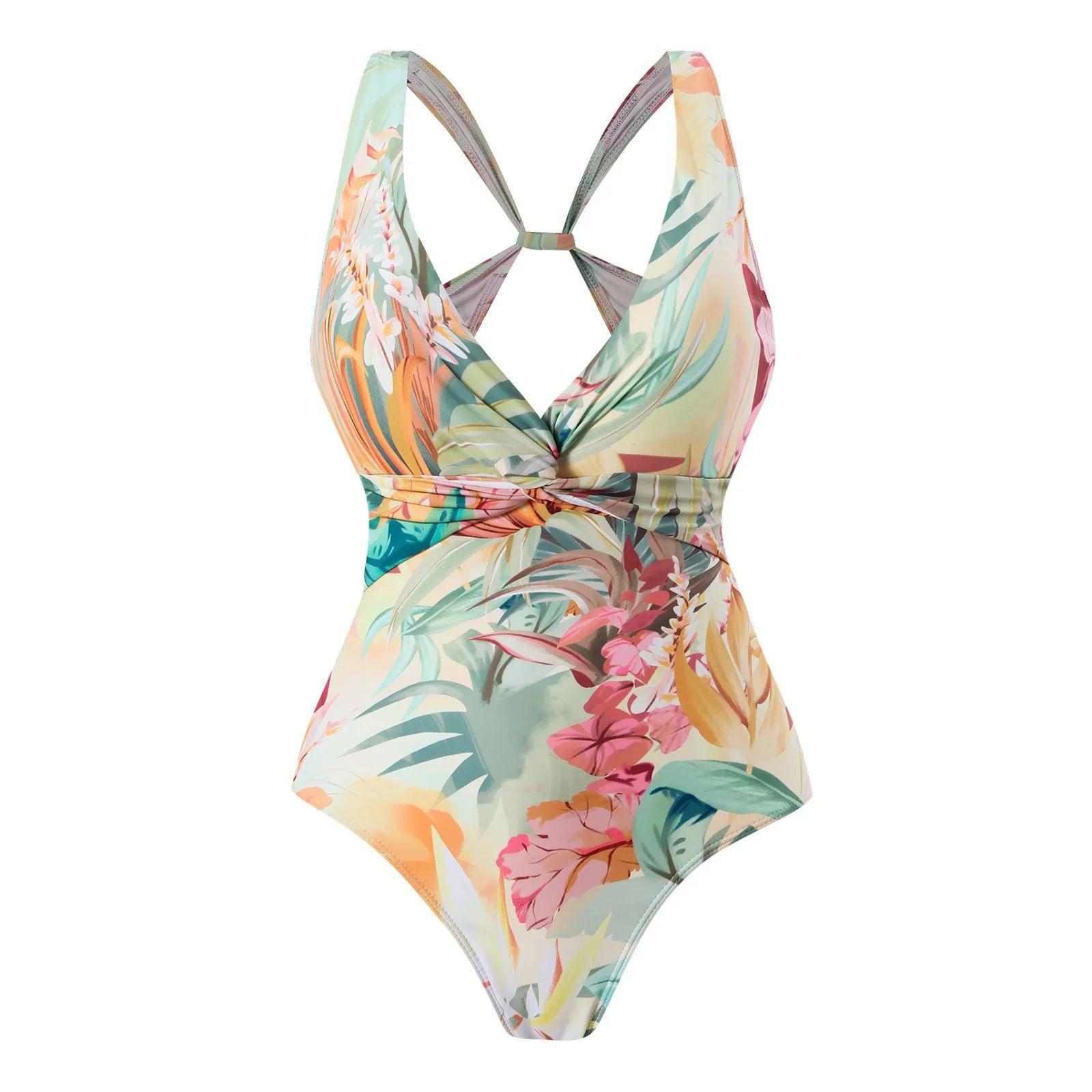 Yellow floral vintage print conservative one-piece swimsuit with short sleeves on a mannequin