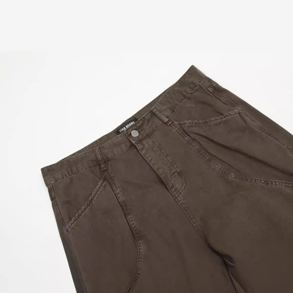 Men's brown cotton loose straight wide leg trousers with high waist and zipper fly