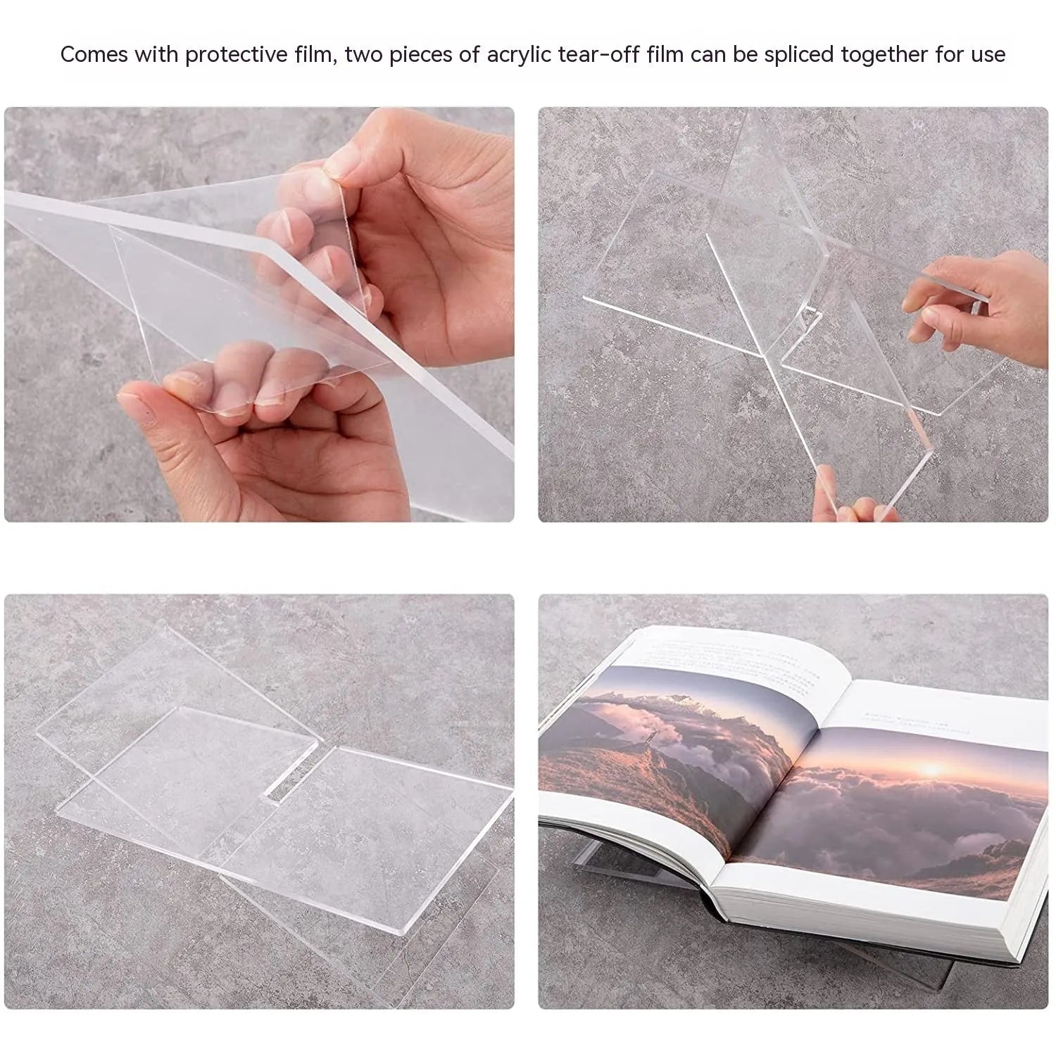 Clear acrylic X-type book reading rack displaying books upright on desktop
