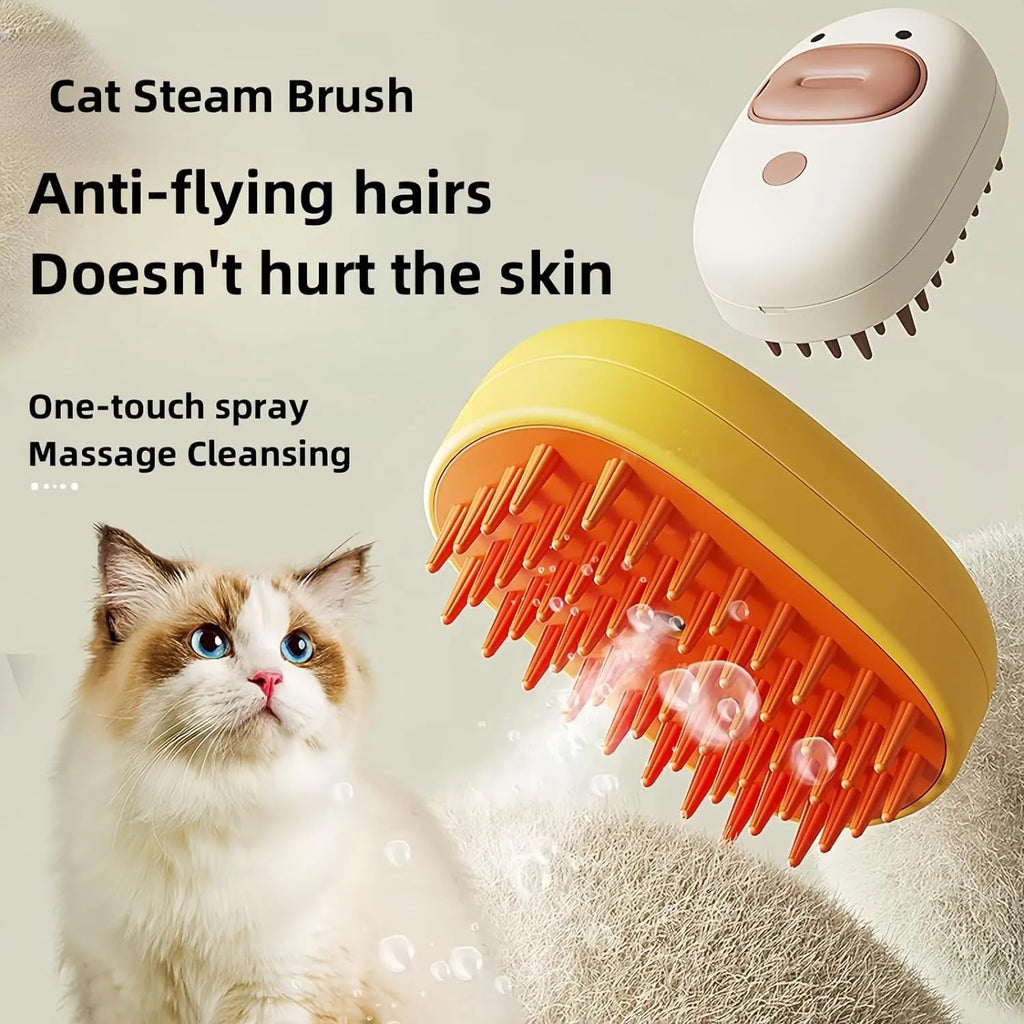 White rechargeable steam pet brush with rubber comb teeth and water tank for grooming dogs and cats.