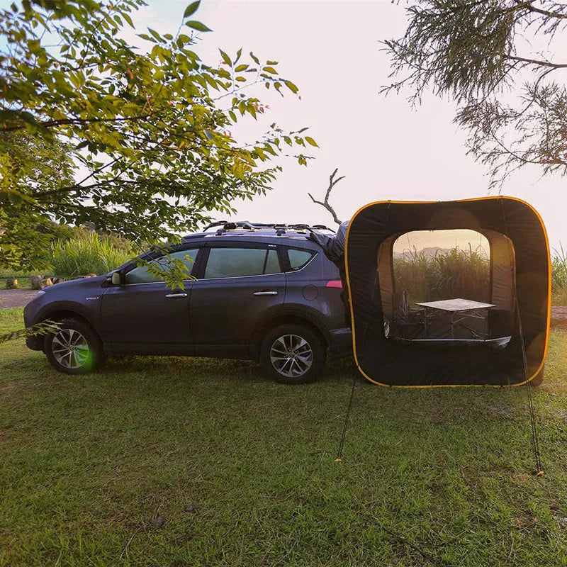 Black pop-up car tail tent with quick-throw setup and 200cm dimensions for 3-4 person camping