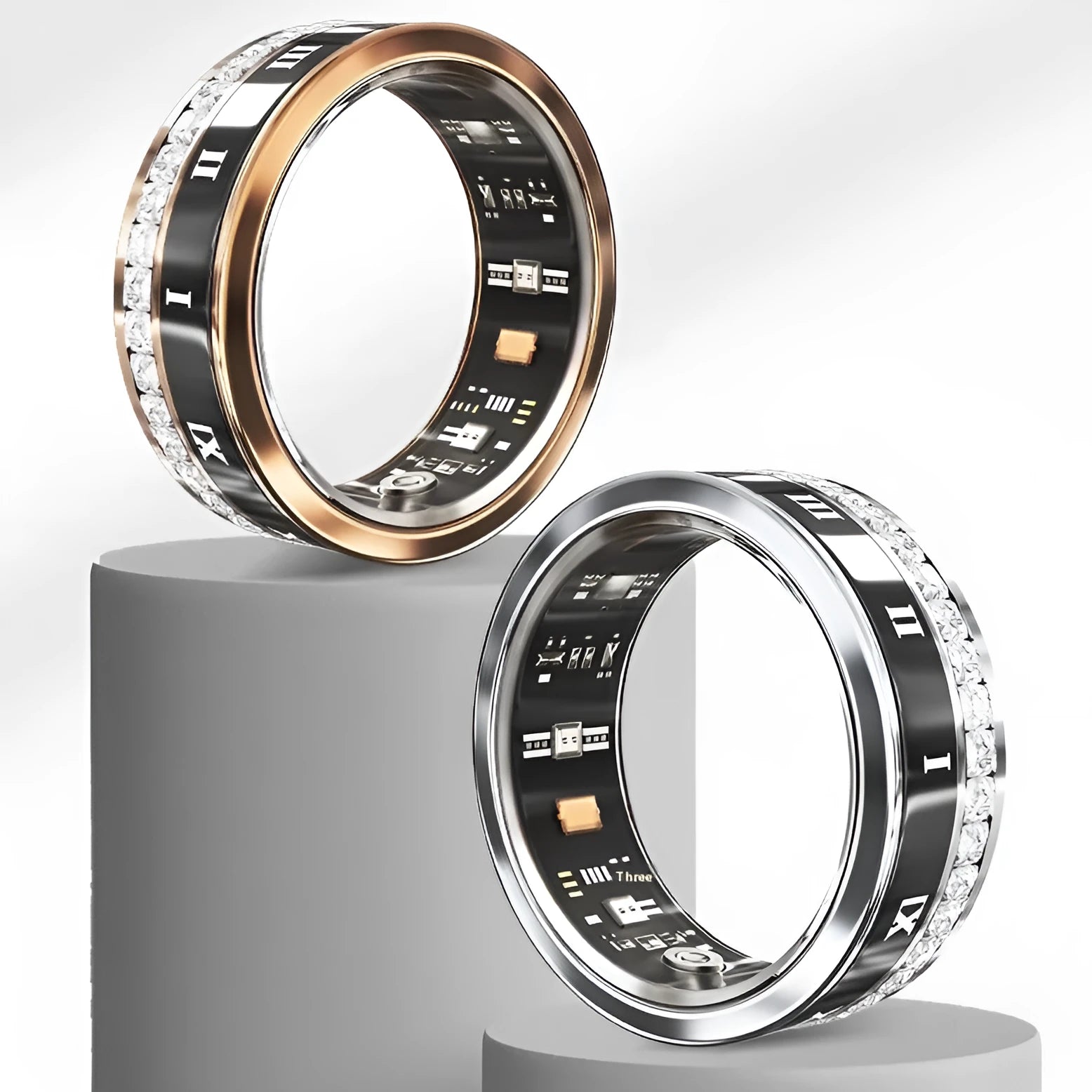 Diamond inlaid smart ring in gold or silver colour with blood oxygen monitoring feature