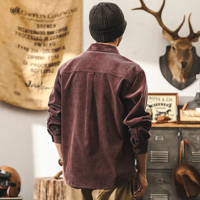 Men's retro corduroy shirt jacket in red with loose fit and long sleeves