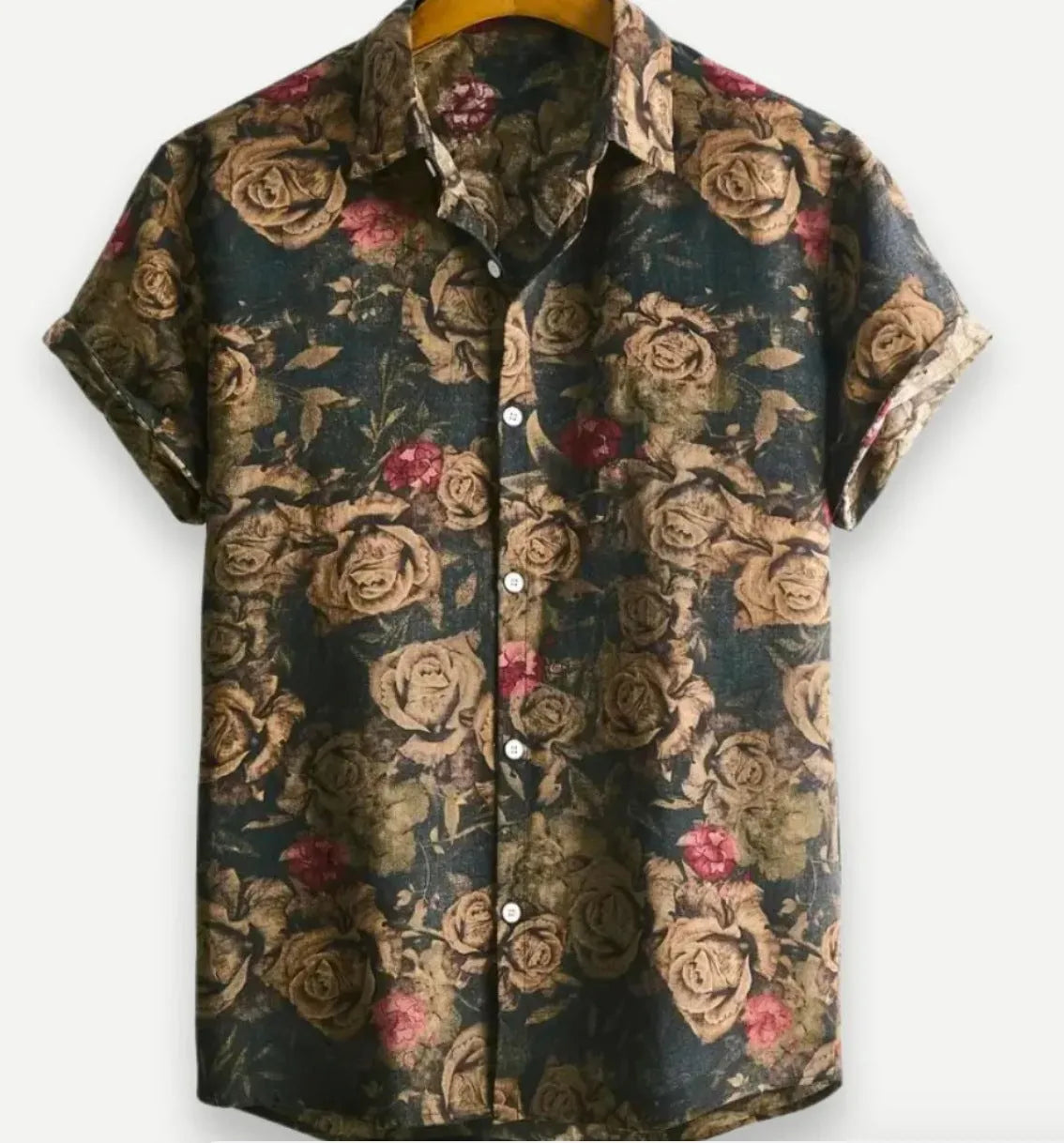 Hawaiian floral print short sleeve shirt with lapel design on elastic polyester fabric
