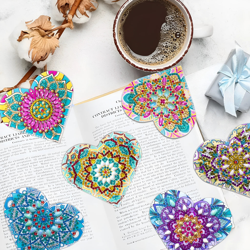 Six handmade PU leather bookmarks with crystal flower decorations in modern frameless design