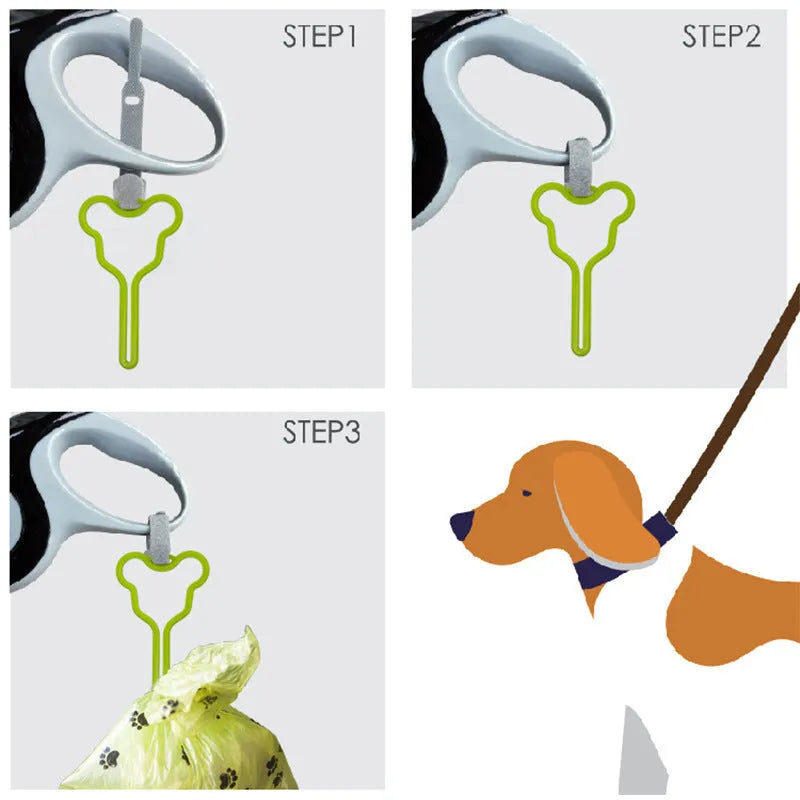Dog waste bag holder with fixed clip and Velcro attachment for hands-free dog walking