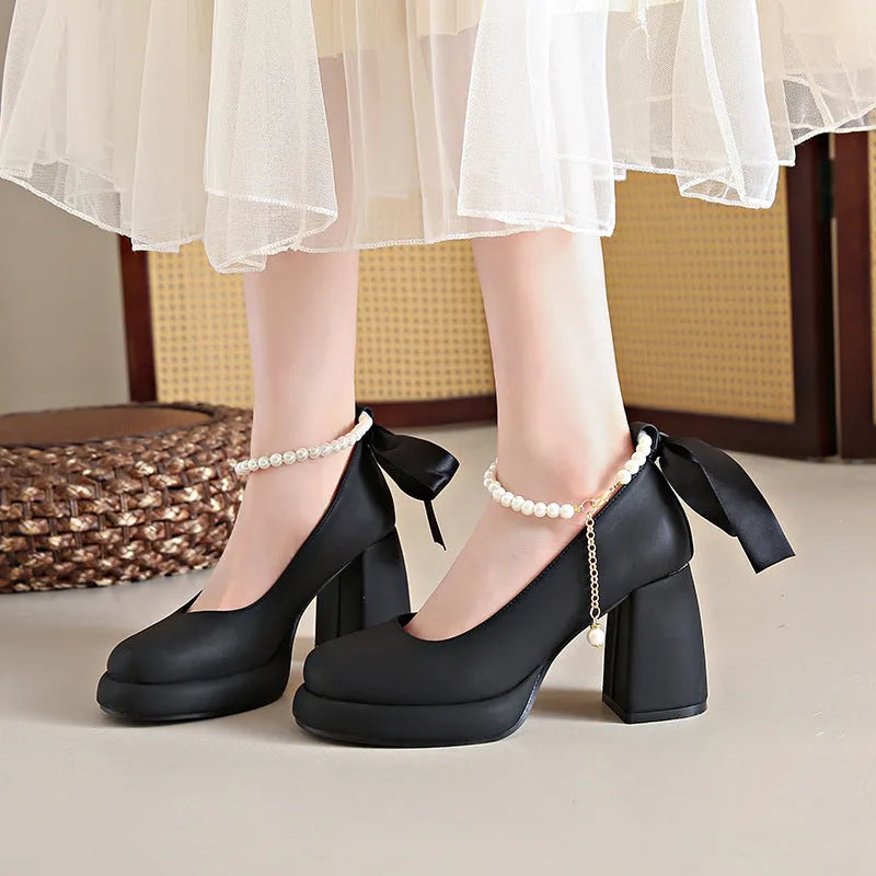 Women's Mary Jane shoes with ankle-strap buckle and chunky heel in beige, black, or milk tea colour
