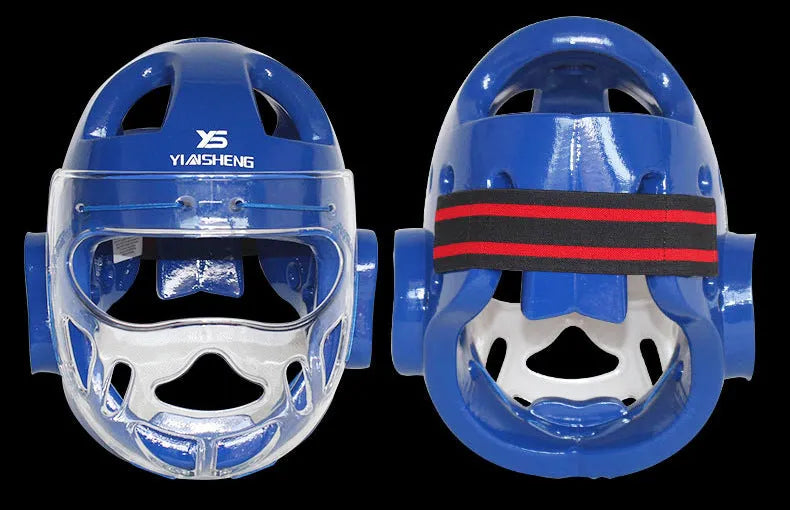 White, blue, and red karate boxing helmets for head protection in four sizes