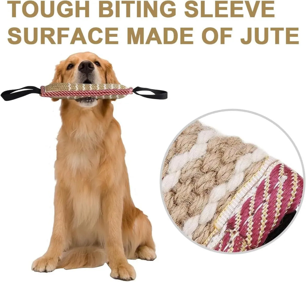 Jute dog tug toy with two handles, 30cm long, in beige colour for interactive play