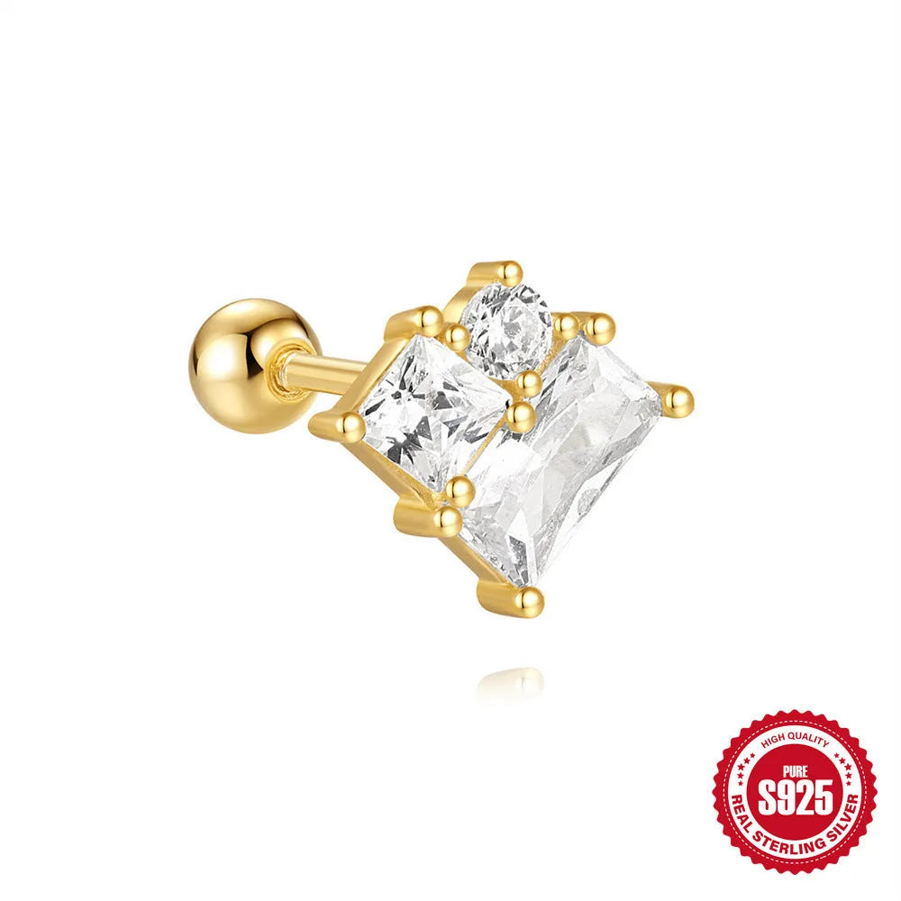 S925 sterling silver square gravel stud earrings with red flower design in golden electroplated finish