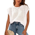 White loose-fit crochet sweater with round neck and long sleeves