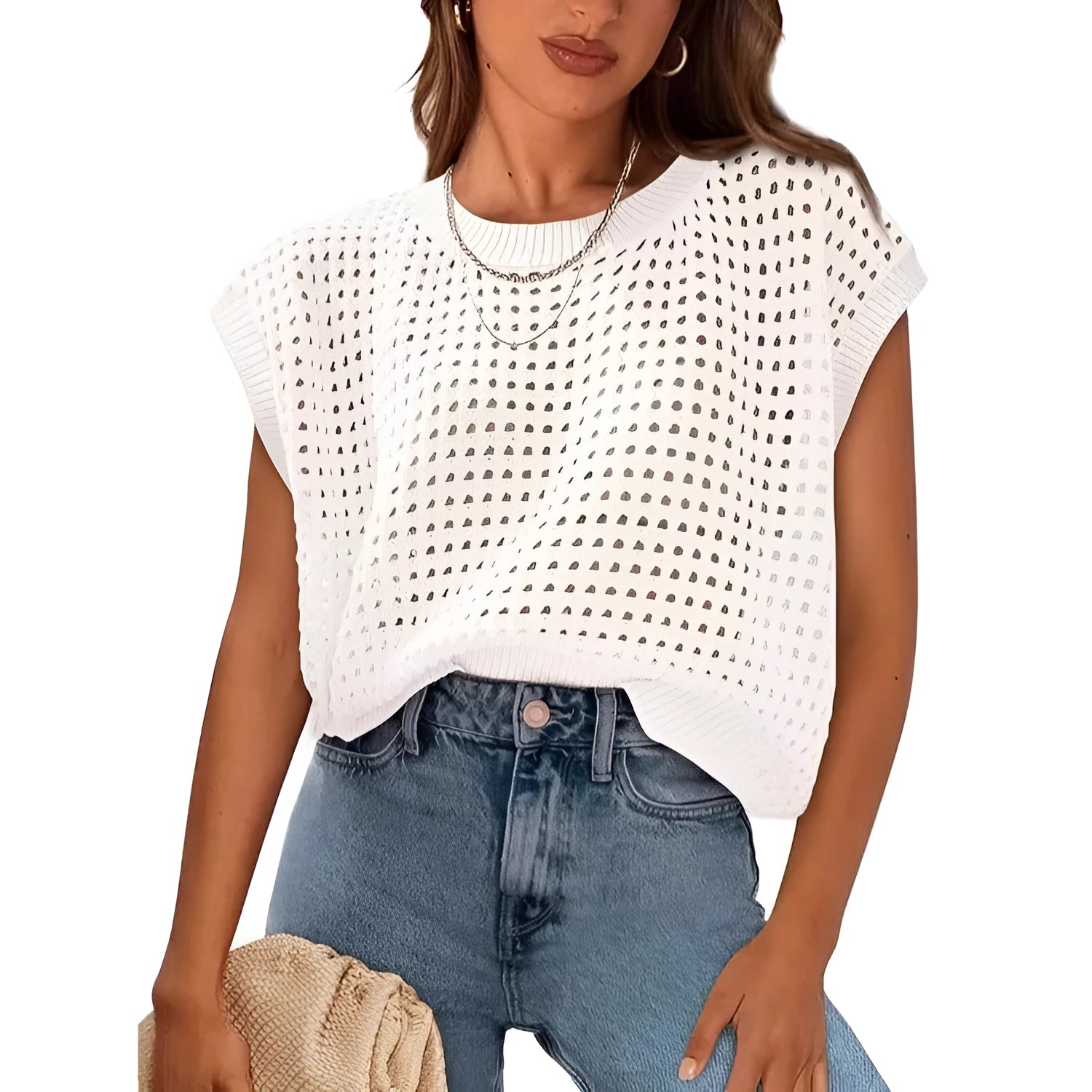 White loose-fit crochet sweater with round neck and long sleeves