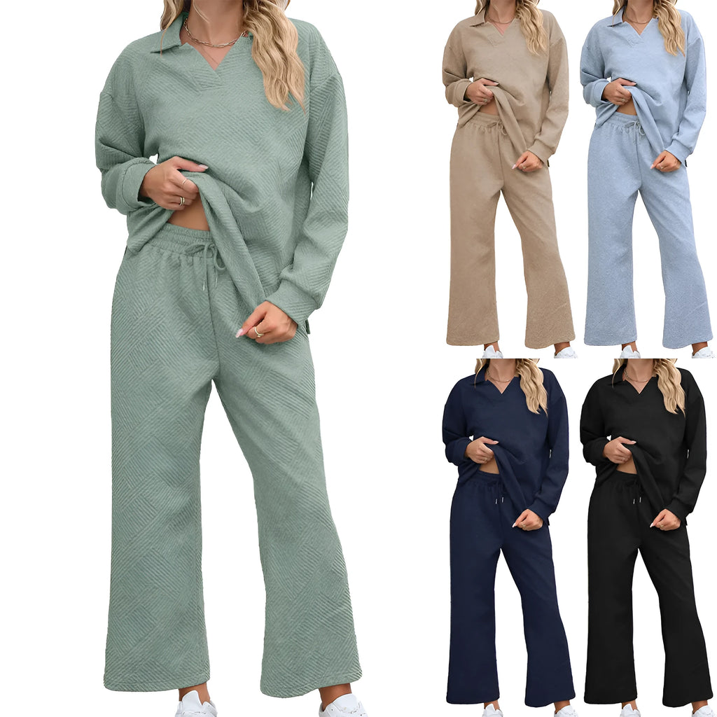 Women's knitted jacquard two-piece suit with geometric pattern detail in solid colour with long sleeves and elastic waist trousers