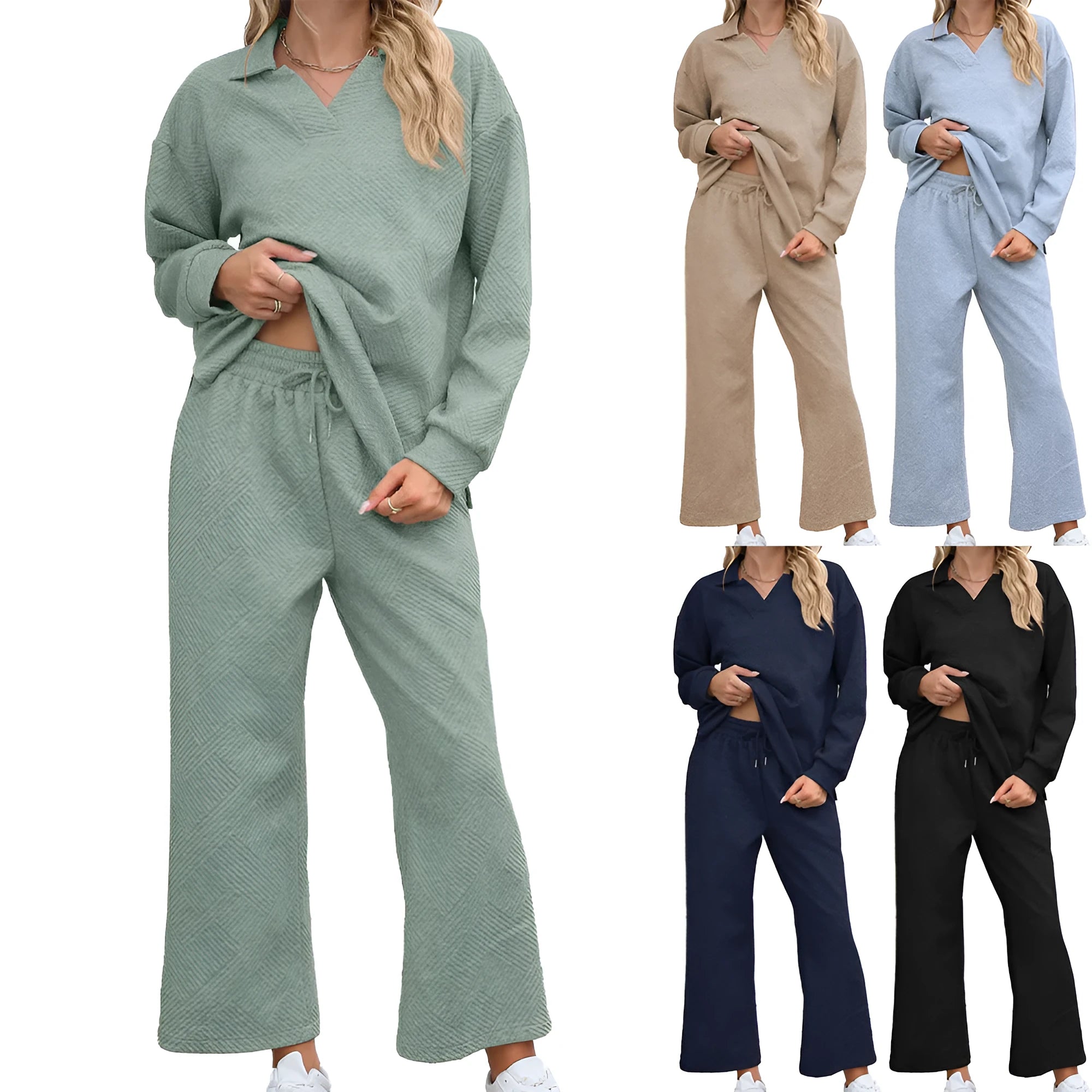 Women's knitted jacquard two-piece suit with geometric pattern detail in solid colour with long sleeves and elastic waist trousers