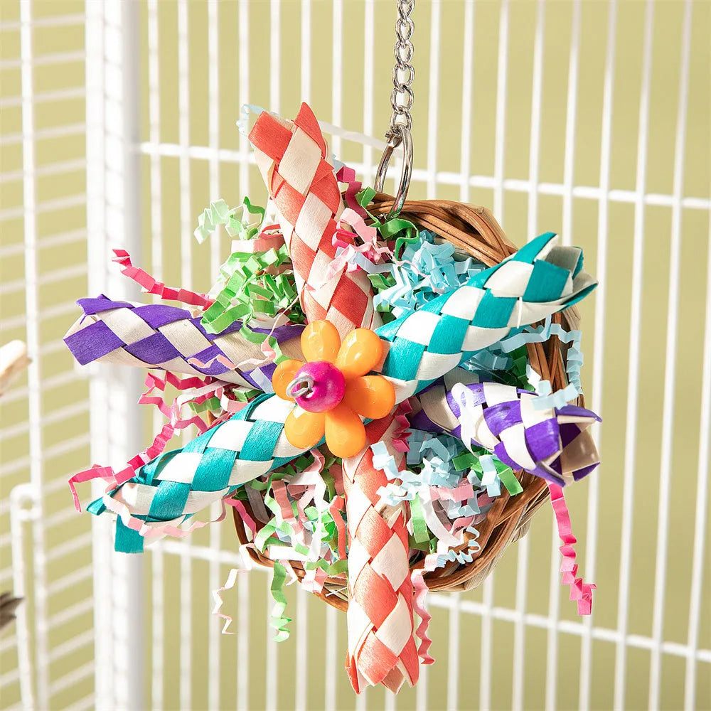 Set of three bird chewing toys for parrot gnawing and molar activities