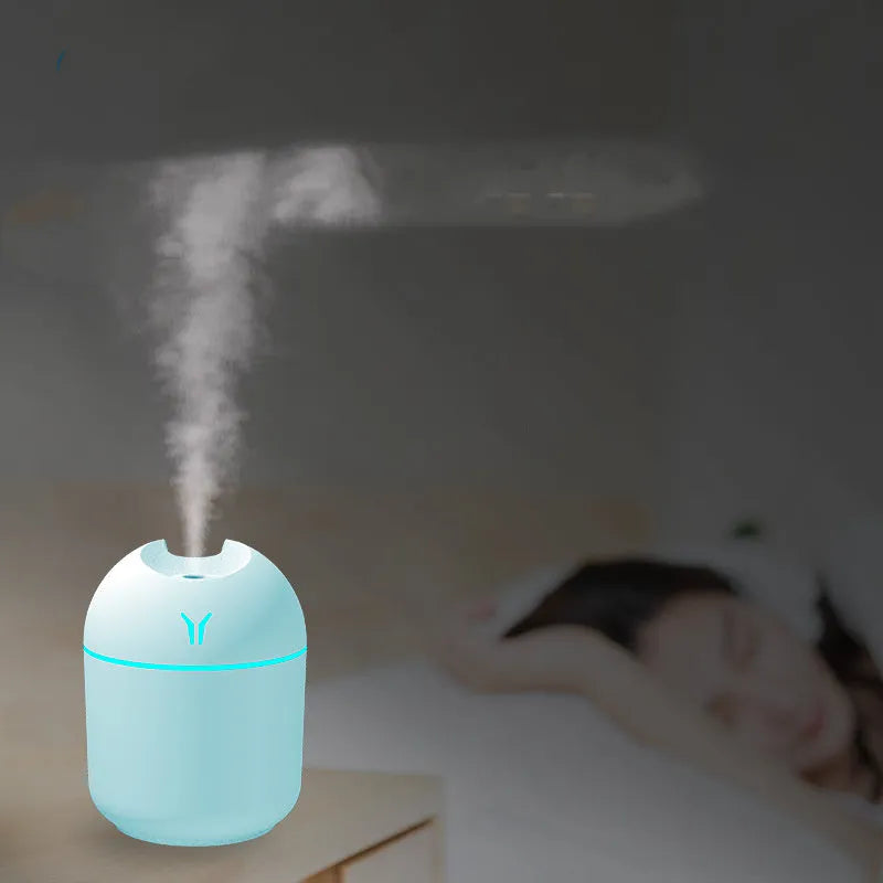 Mini round desktop and car humidifier with USB cable in ivory white, sky blue, or pink.