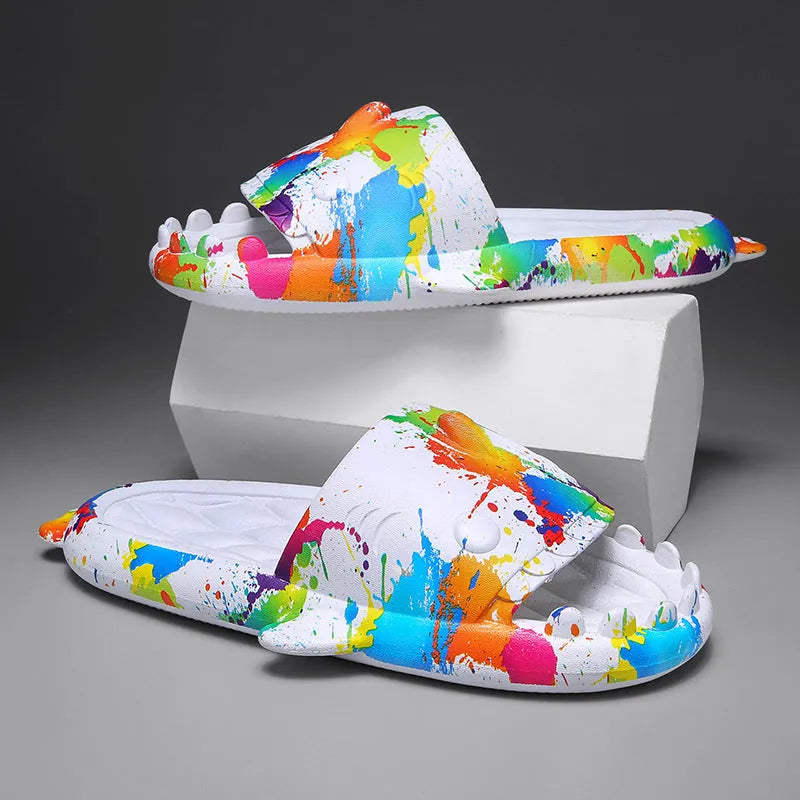 Shark-themed couple slippers with open toe design and EVA upper in multiple colour options