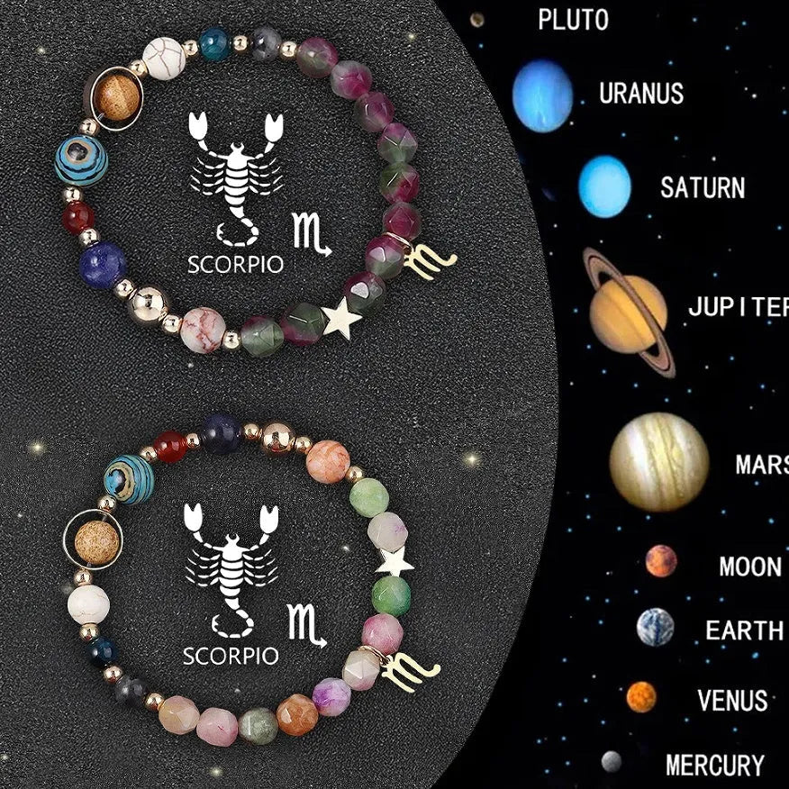 Set of two natural stone beaded bracelets on a wrist, each representing a different zodiac sign style.