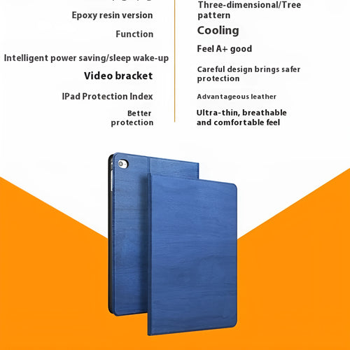 Sapphire blue imitation leather iPad protective cover showing bracket design for anti-fall security.