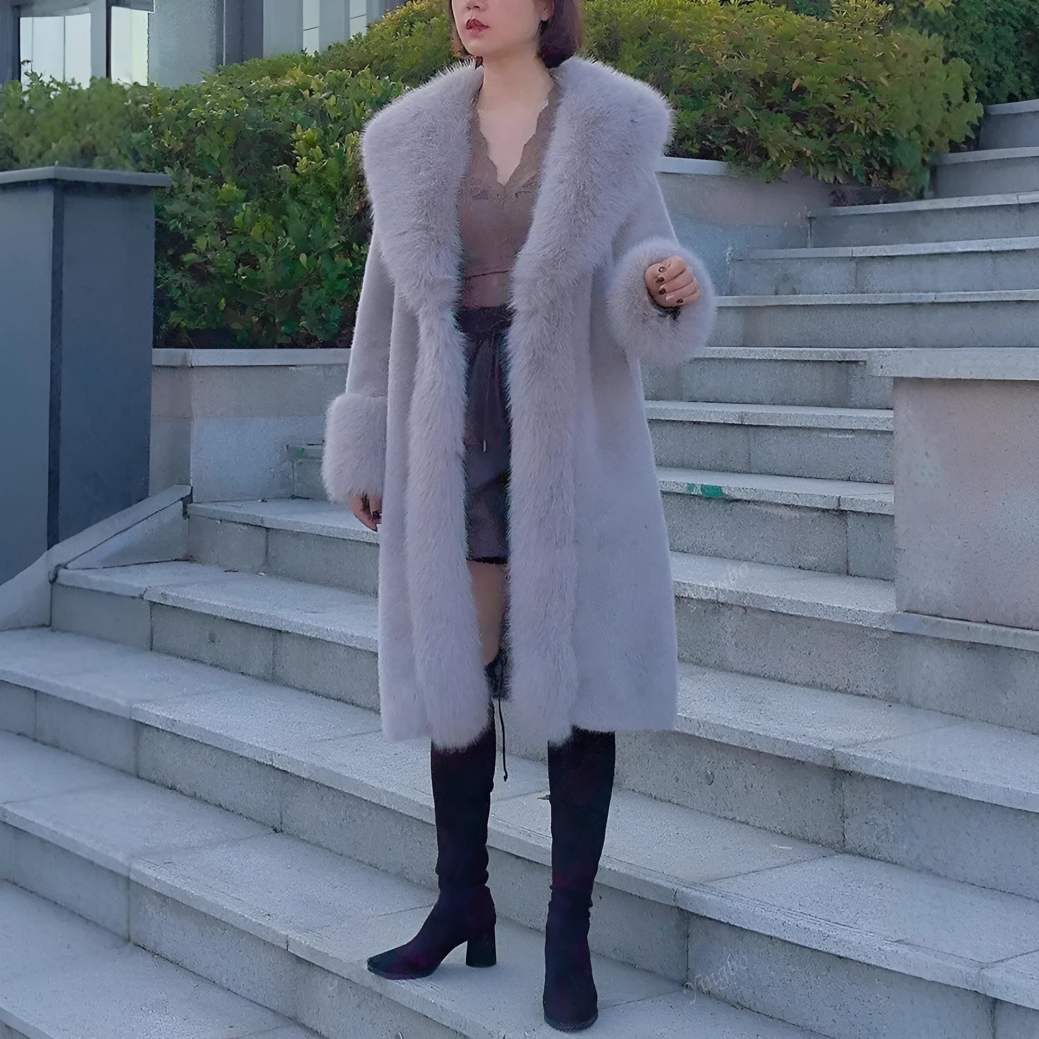 Grey women's mid-length coat with faux fur body, leather detailing, and a matching artificial fur collar.