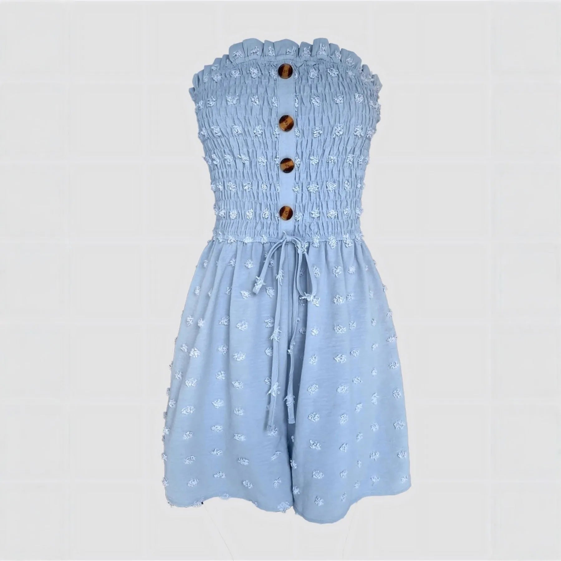 Women's sleeveless off-shoulder jumpsuit in solid colour with elastic waist and button details