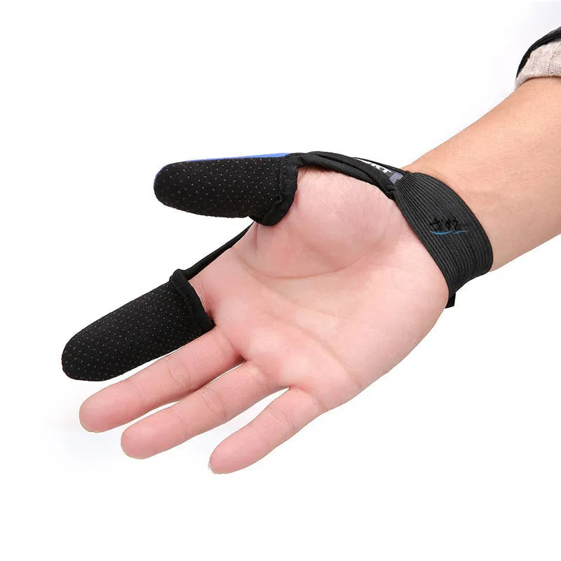 Two-finger fishing tackle glove in black colour, showing diving cloth back and microfiber palm material.