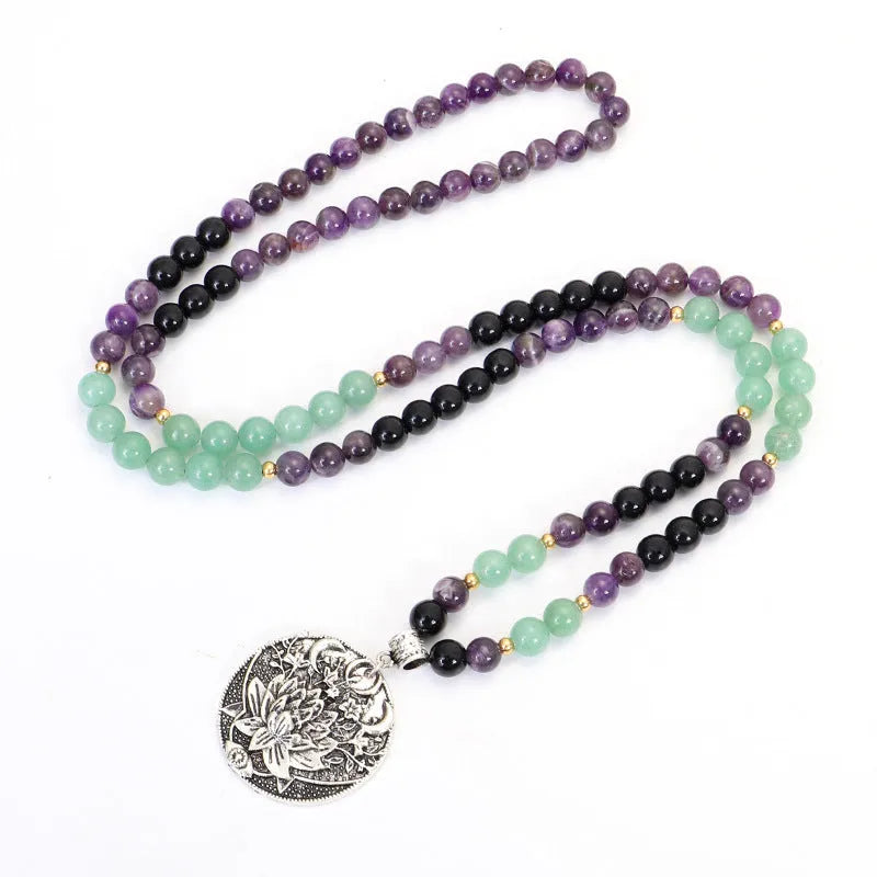 Dongling Long handmade stone bead yoga necklace with geometric lotus pendant and matching bracelet