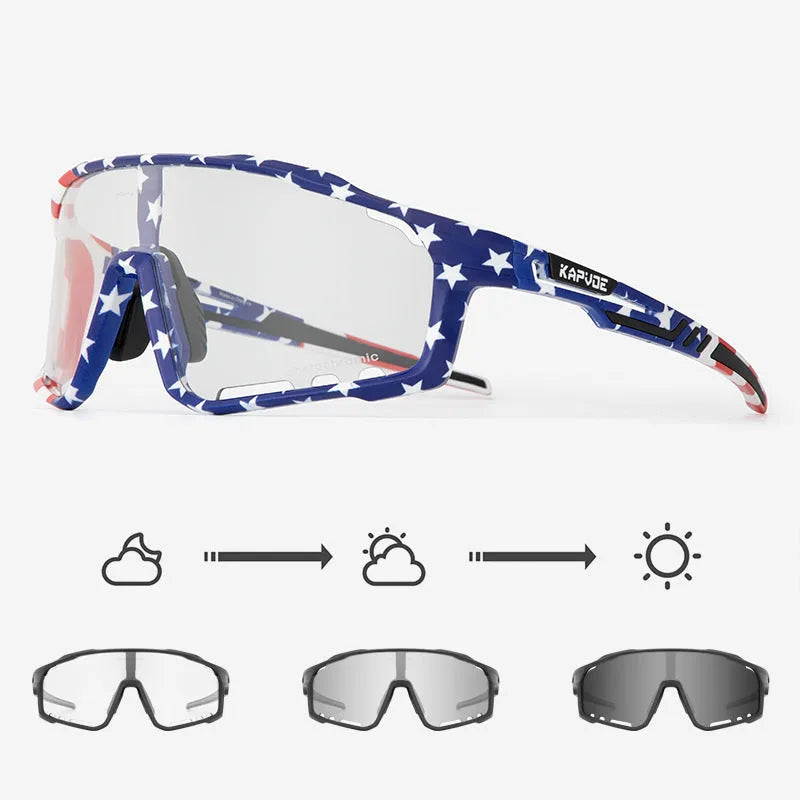 TR90 semi-rimless cycling sunglasses with photochromic lenses, shown in multiple colour options.