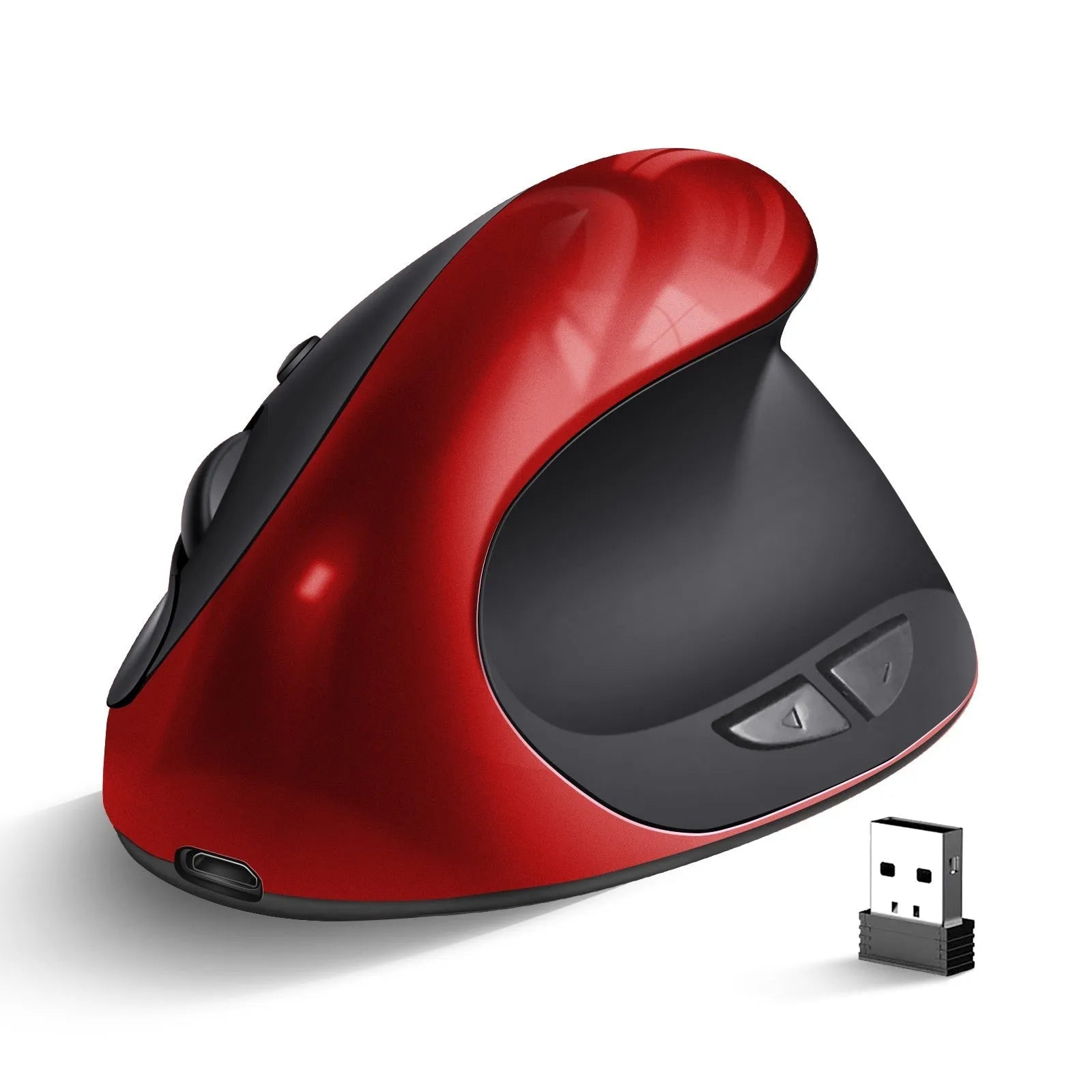 Vertical ergonomic wireless mouse showing upright design with USB connector and multiple colour options