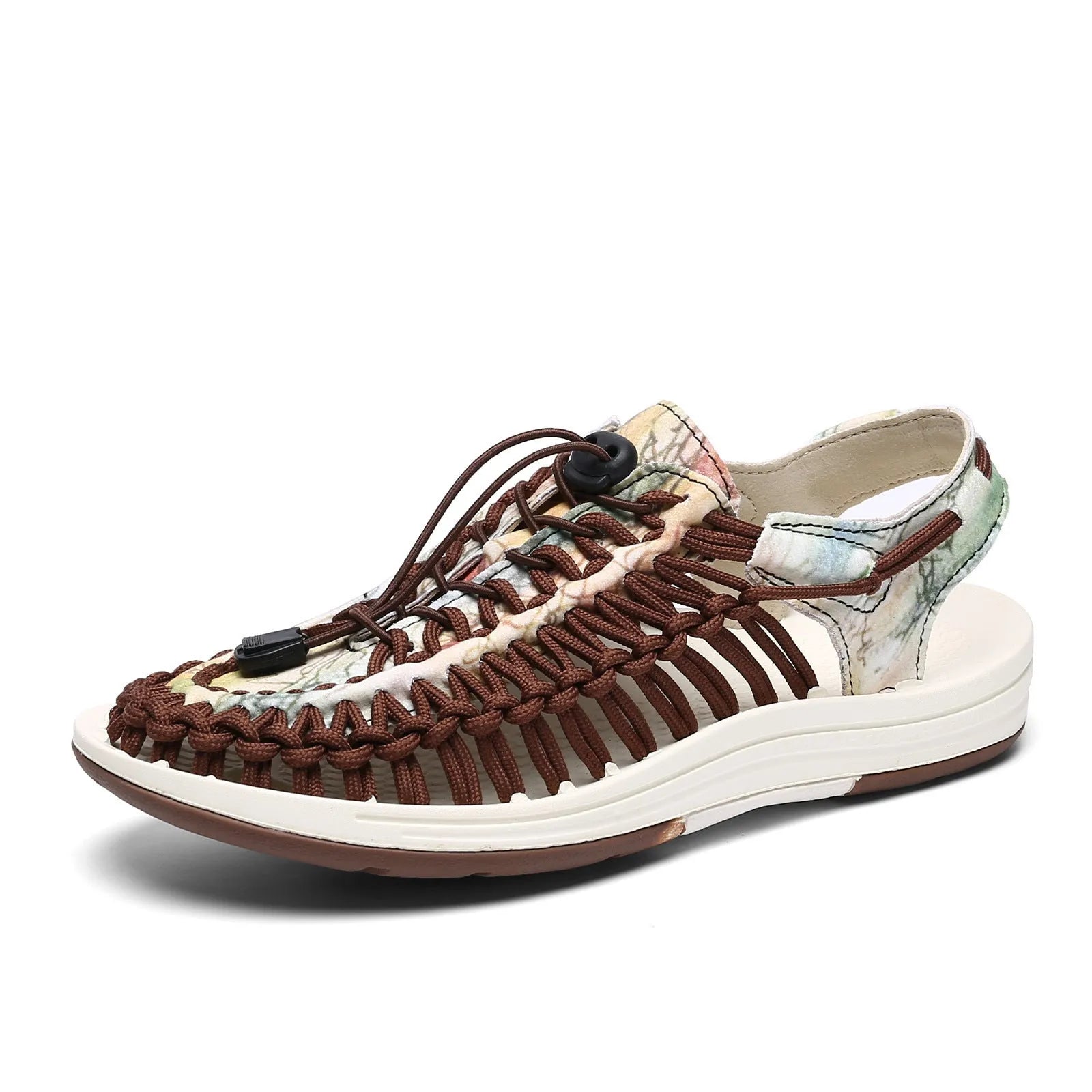 Elastic drawstring woven sandals in rainbow colour with rubber sole and baotou front design