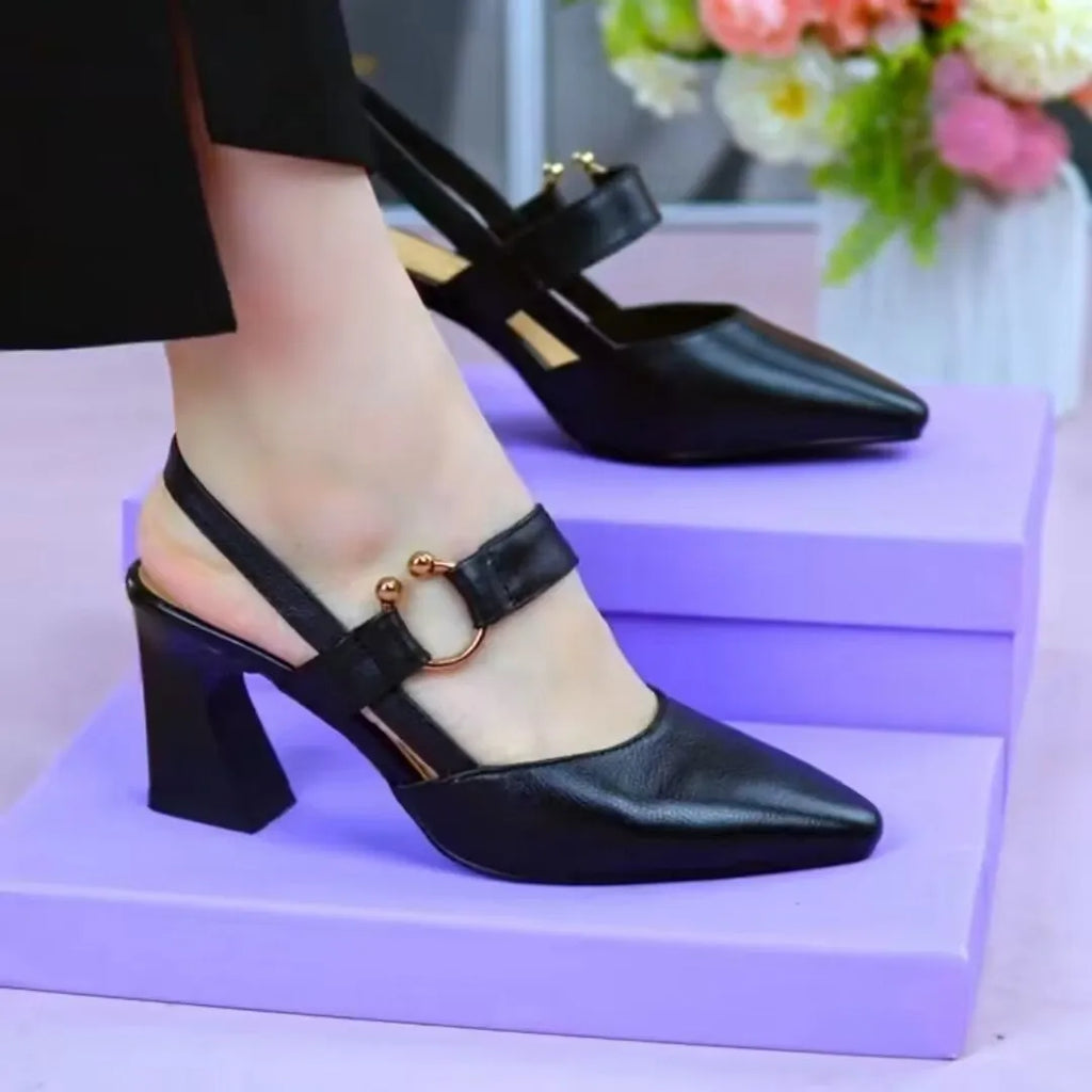 Women's apricot leather closed-toe sandals with a chunky heel and backless slip-on design.